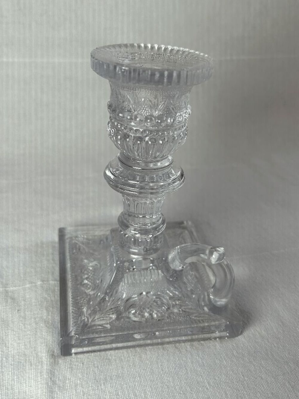 Viking Glass Candlesticks w/ Loop Holder Set of Two 4" Square Lacy Intricate